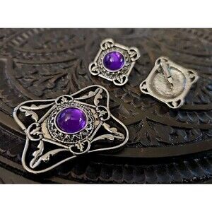 VINTAGE AVON* FILIGREE SIMULATED AMETHYST BROOCH & EARRINGS SET 1992 EUC